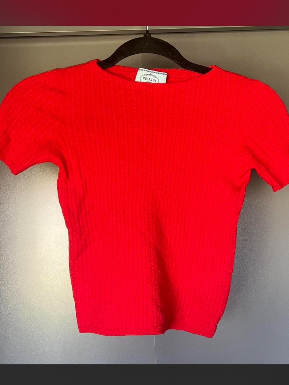 Prada Red Ribbed Short Sleeve Knit Top